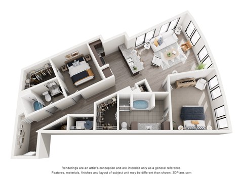 A 3D floor plan of a house with a kitchen, living room, and bathrooms.